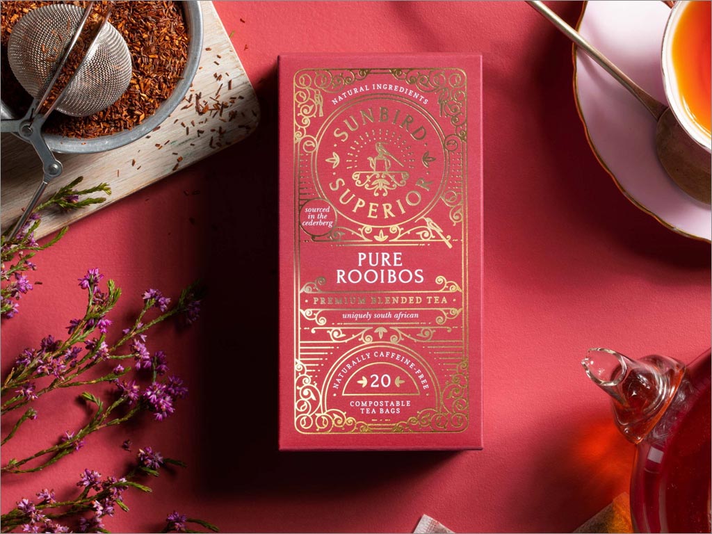南非Sunbird Rooibos Tea優雅的茶葉包裝設計之紅色款